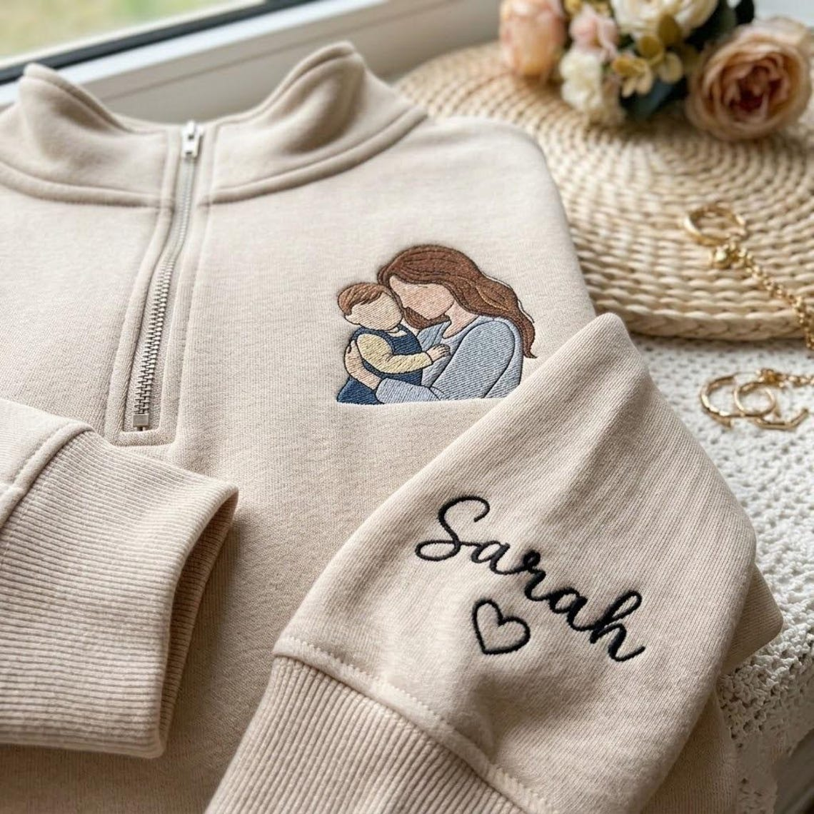 Embroidered Mother's Day Custom Photo With Kid's Names On Sleeve Quarter-Zip Sweatshirt, Hoodie Sweatshirt T-Shirt