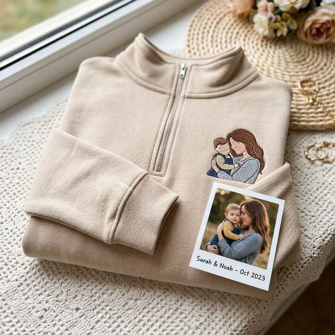 Embroidered Mother's Day Custom Photo With Kid's Names On Sleeve Quarter-Zip Sweatshirt, Hoodie Sweatshirt T-Shirt
