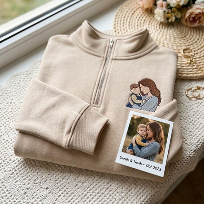 Embroidered Mother's Day Custom Photo With Kid's Names On Sleeve Quarter-Zip Sweatshirt, Hoodie Sweatshirt T-Shirt