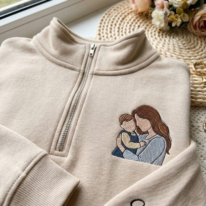 Embroidered Mother's Day Custom Photo With Kid's Names On Sleeve Quarter-Zip Sweatshirt, Hoodie Sweatshirt T-Shirt