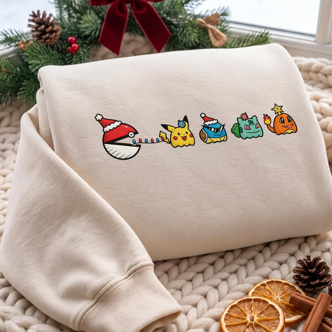 Embroidered Christmas Poke Ghost Lights Sweatshirt