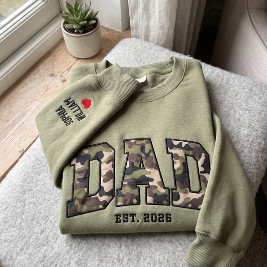 Custom Camo DAD Sweatshirt with Sleeve Embroidery, Personalized Dad Est 2026 Crewneck, Father’s Day Gift