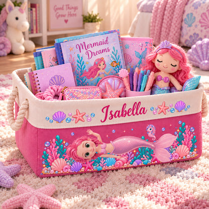 Personalized Mermaid Toy Storage Basket, Custom Storage Bin with Rope Handles