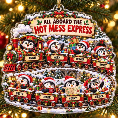 Personalized Penguin Christmas Ornament, Hot Mess Express Train, Custom Names Acrylic Family Gift