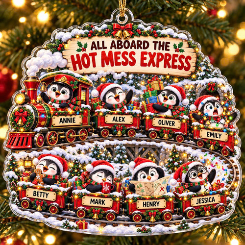 Personalized Penguin Christmas Ornament, Hot Mess Express Train, Custom Names Acrylic Family Gift