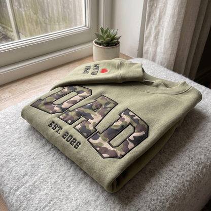 Custom Camo DAD Sweatshirt with Sleeve Embroidery, Personalized Dad Est 2026 Crewneck, Father’s Day Gift