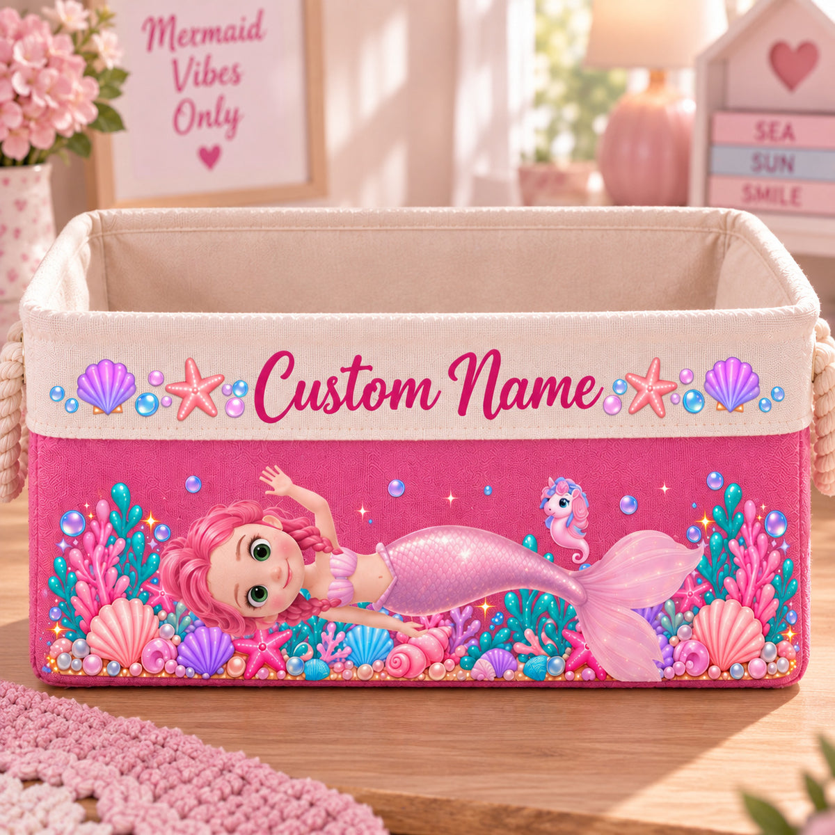 Personalized Mermaid Toy Storage Basket, Custom Storage Bin with Rope Handles