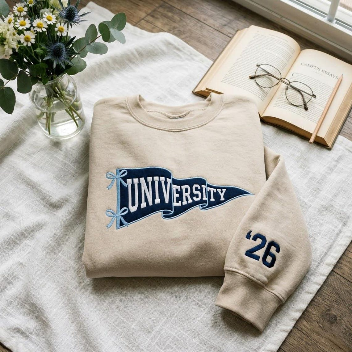 Embroidered Custom College Pennant Sweatshirt, University Flag Name Sweatshirt