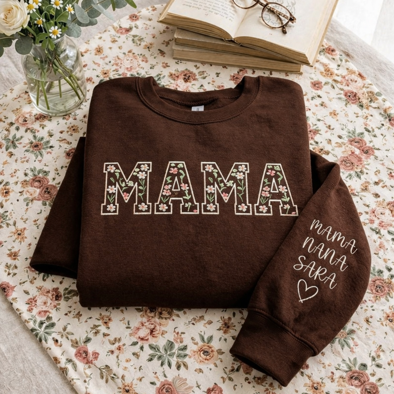 Embroidered Mother's Day Floral Custom Text With Kid's Names On Sleeve Hoodie Sweatshirt T-Shirt