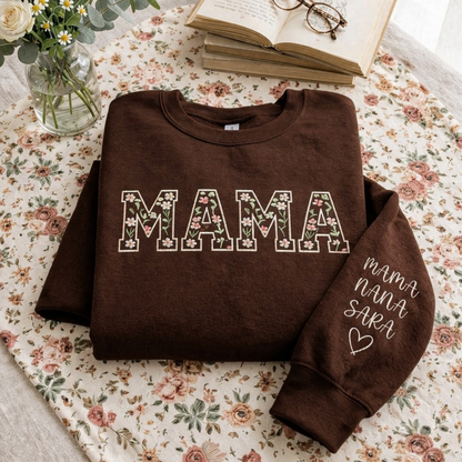 Embroidered Mother's Day Floral Custom Text With Kid's Names On Sleeve Hoodie Sweatshirt T-Shirt