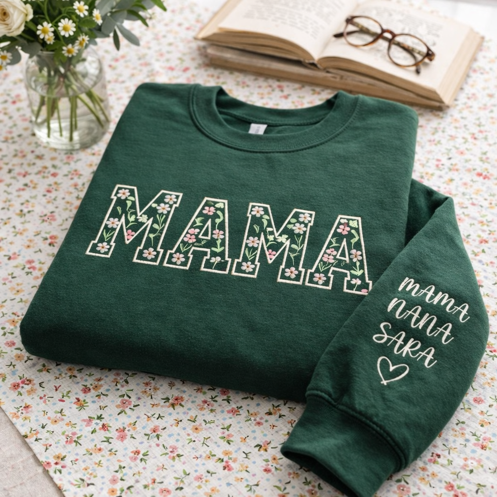 Embroidered Mother's Day Floral Custom Text With Kid's Names On Sleeve Hoodie Sweatshirt T-Shirt