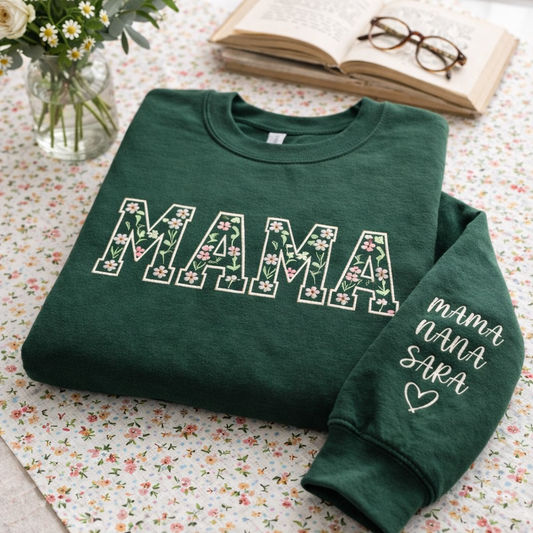 Embroidered Mother's Day Floral Custom Text With Kid's Names On Sleeve Hoodie Sweatshirt T-Shirt
