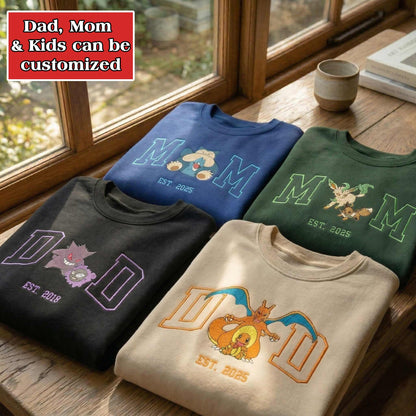 Embroidered PKM Characters Mom Dad Mother's Day Father's Day Gift Hoodie Sweatshirt T-Shirt