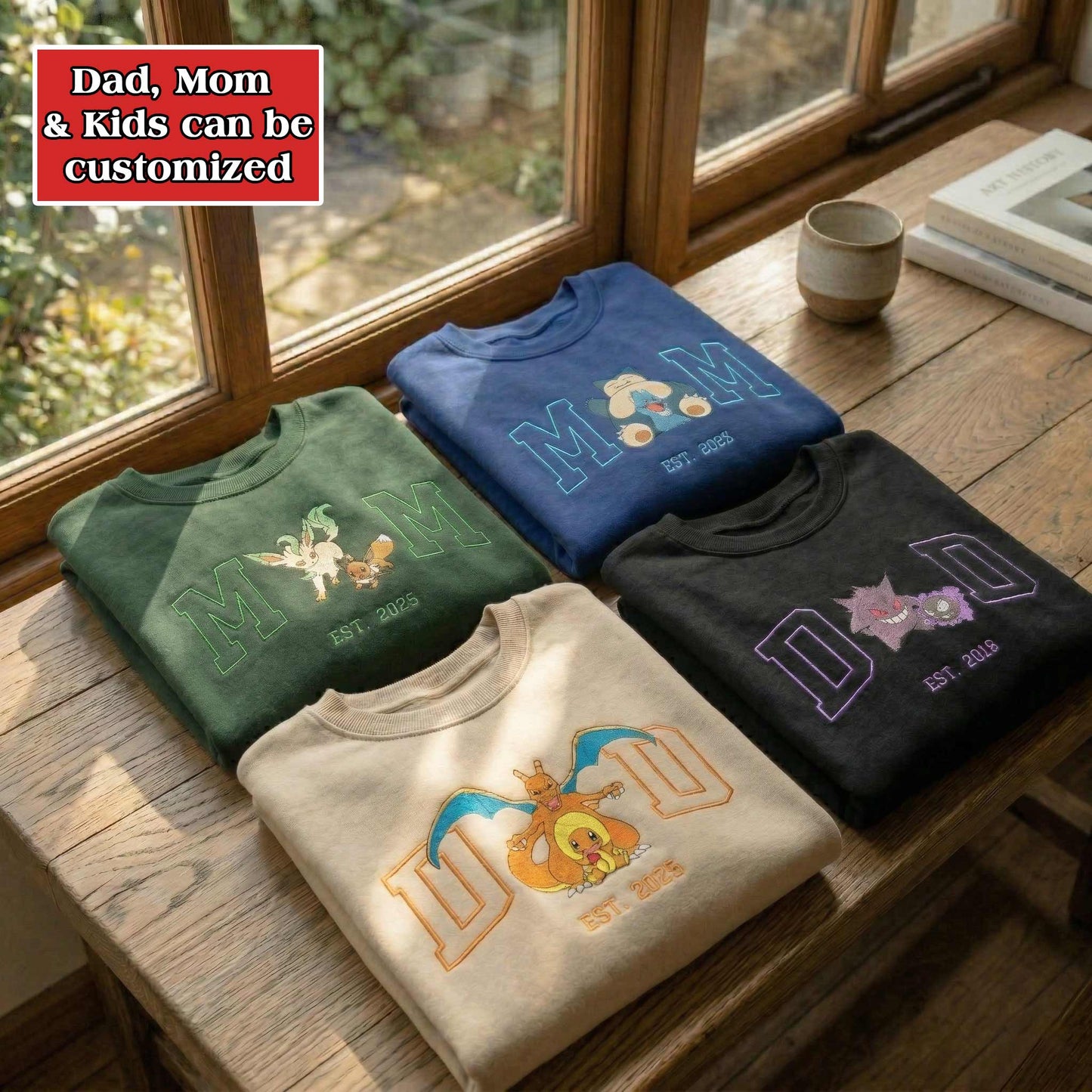Embroidered PKM Characters Mom Dad Mother's Day Father's Day Gift Hoodie Sweatshirt T-Shirt