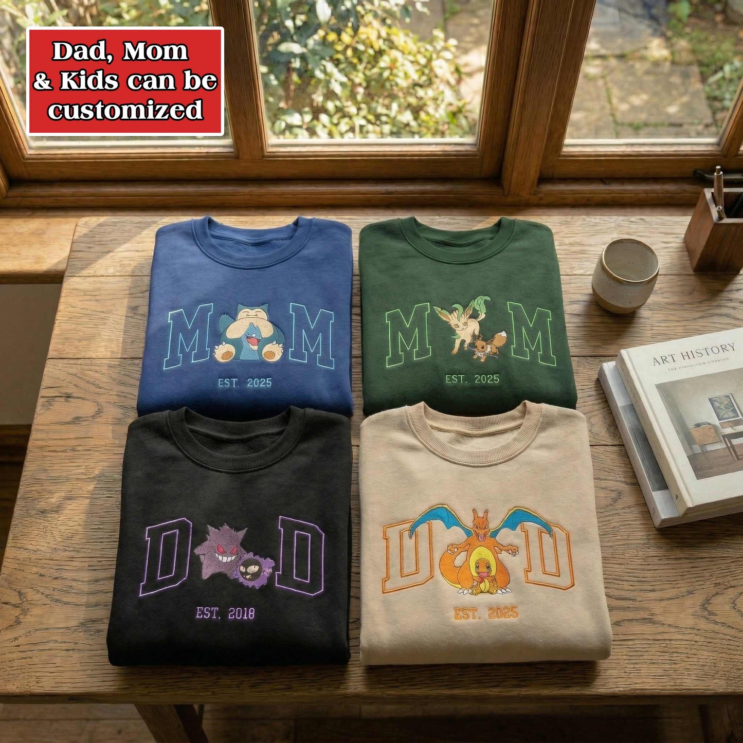 Embroidered PKM Characters Mom Dad Mother's Day Father's Day Gift Hoodie Sweatshirt T-Shirt