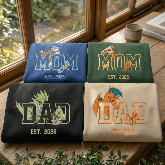 Embroidered PKM Characters Mom Dad Mother's Day Father's Day Gift Hoodie Sweatshirt T-Shirt