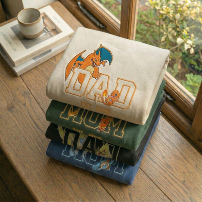 Embroidered PKM Characters Mom Dad Mother's Day Father's Day Gift Hoodie Sweatshirt T-Shirt