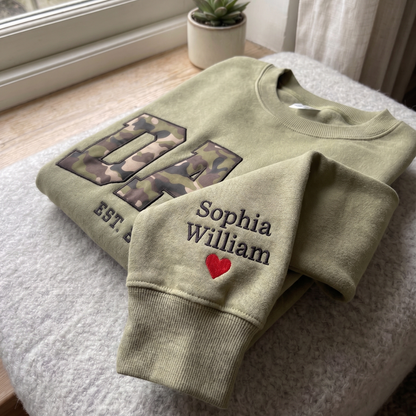 Custom Camo DAD Sweatshirt with Sleeve Embroidery, Personalized Dad Est 2026 Crewneck, Father’s Day Gift