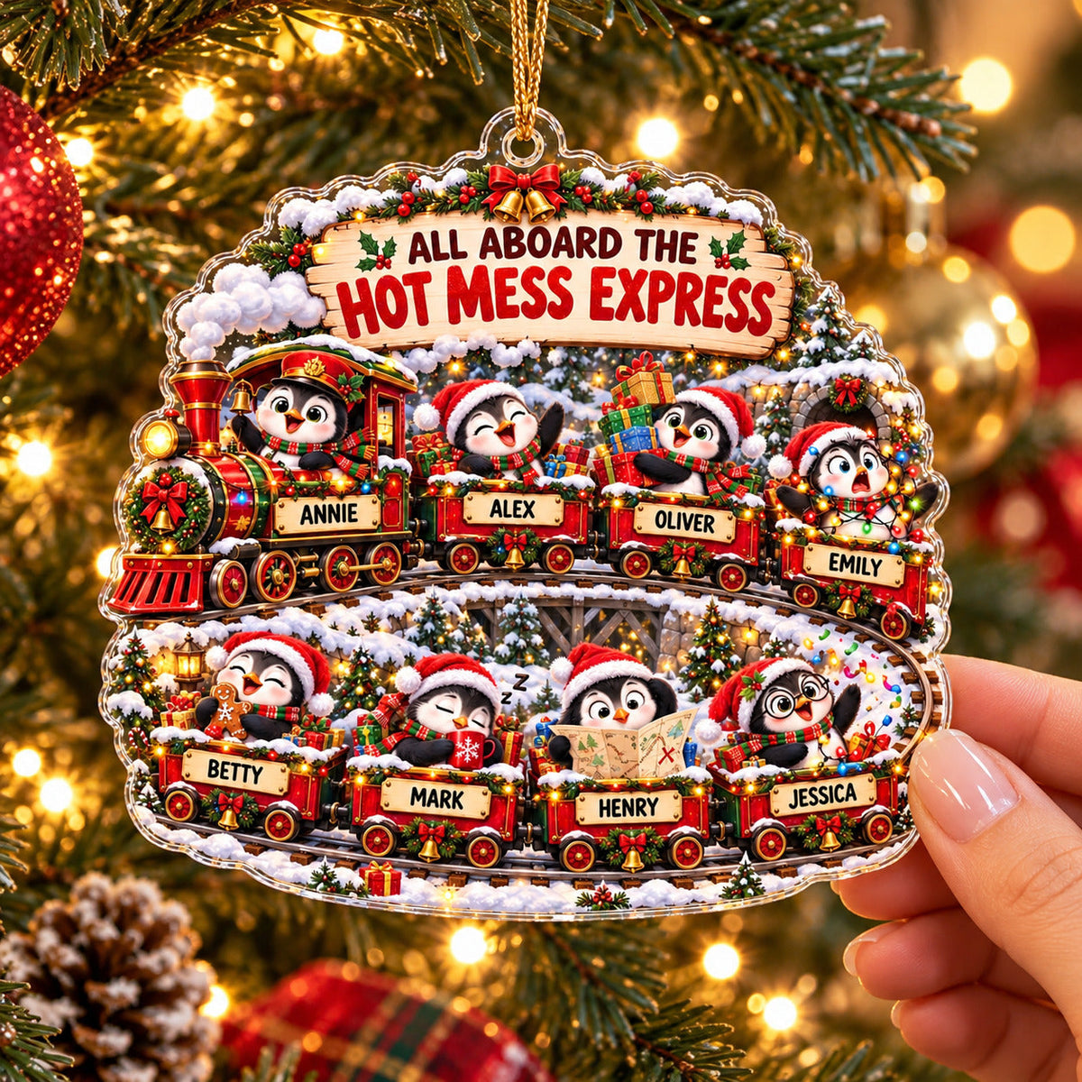 Personalized Penguin Christmas Ornament, Hot Mess Express Train, Custom Names Acrylic Family Gift