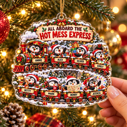 Personalized Penguin Christmas Ornament, Hot Mess Express Train, Custom Names Acrylic Family Gift