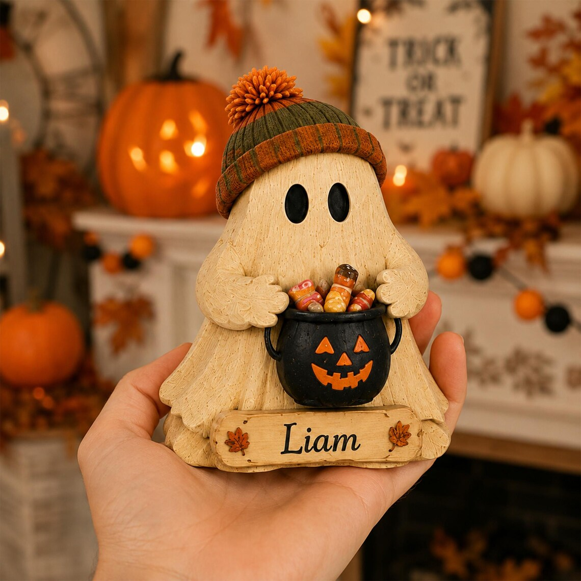 Personalized Halloween Ghost 3-Layer Wooden Block, Cute Fall Pumpkin Decor, Spooky Family Gift