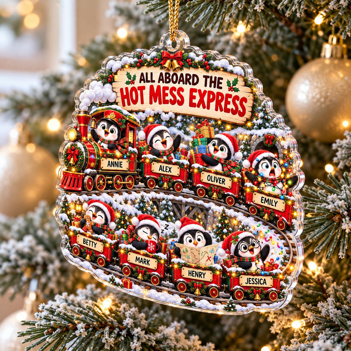 Personalized Penguin Christmas Ornament, Hot Mess Express Train, Custom Names Acrylic Family Gift