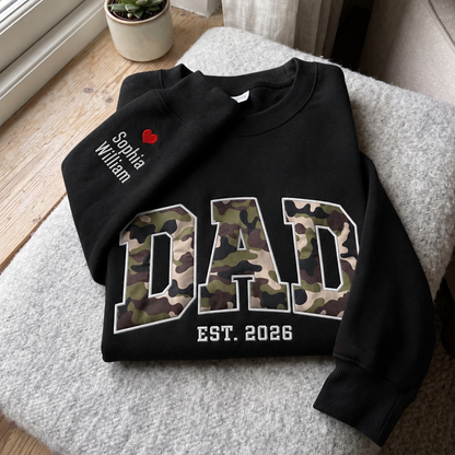 Custom Camo DAD Sweatshirt with Sleeve Embroidery, Personalized Dad Est 2026 Crewneck, Father’s Day Gift