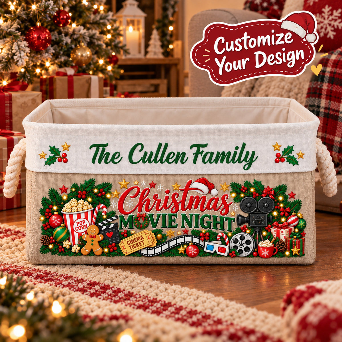 Personalized Family Christmas Movie Night Basket, Custom Family Name Storage Bin with Rope Handles