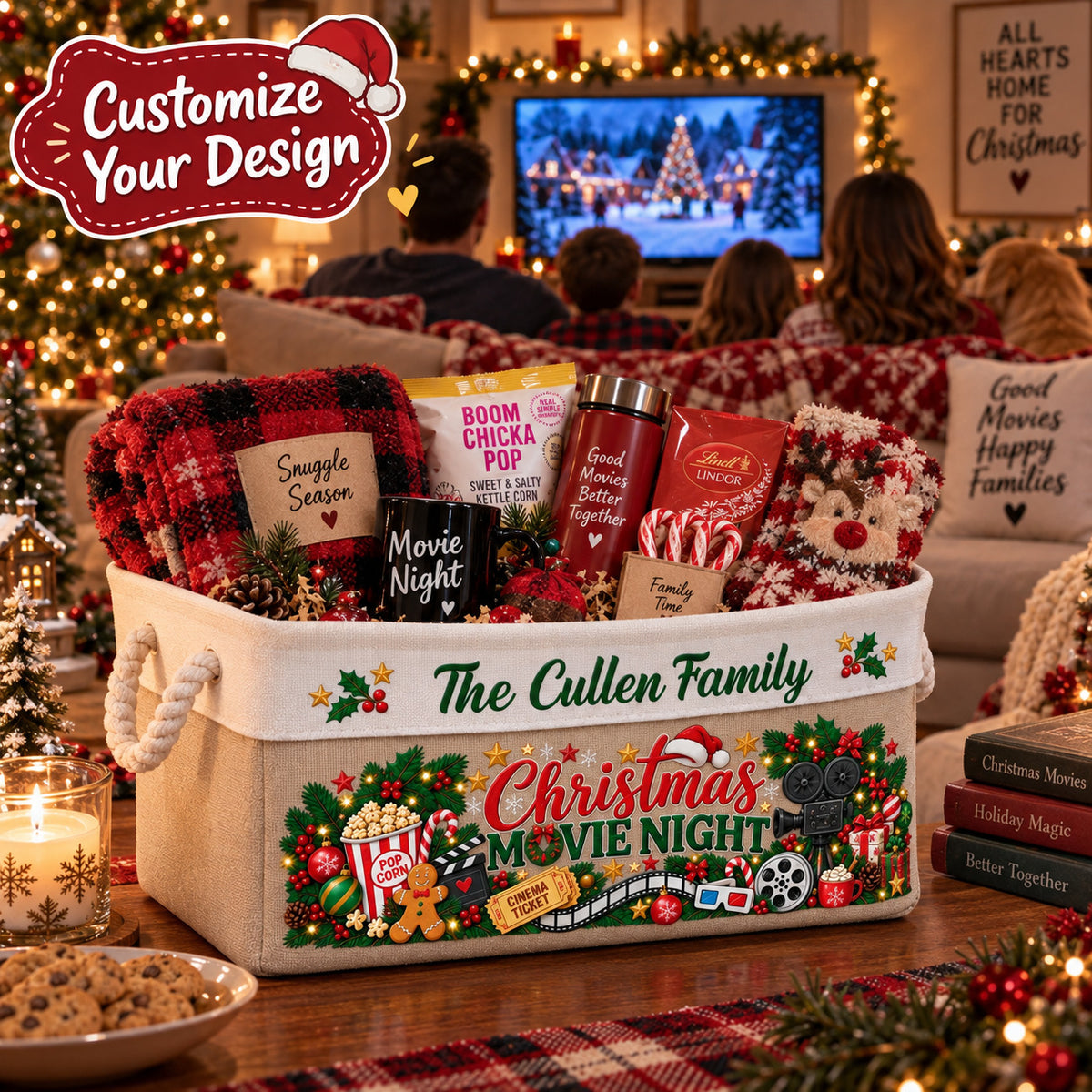 Personalized Family Christmas Movie Night Basket, Custom Family Name Storage Bin with Rope Handles