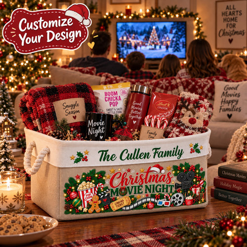 Personalized Family Christmas Movie Night Basket, Custom Family Name Storage Bin with Rope Handles
