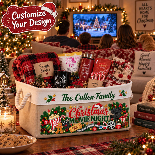 Personalized Family Christmas Movie Night Basket, Custom Family Name Storage Bin with Rope Handles