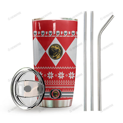 Red Mighty Morphin Power Ranger Ugly Christmas Custom Tumbler