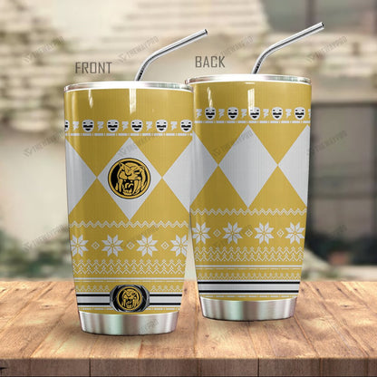Yellow Mighty Morphin Power Ranger Ugly Christmas Custom Tumbler