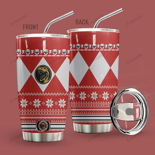 Red Mighty Morphin Power Ranger Ugly Christmas Custom Tumbler