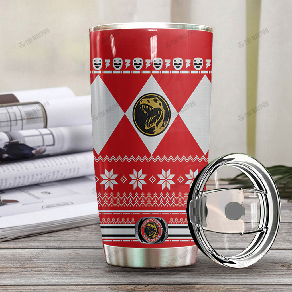 Red Mighty Morphin Power Ranger Ugly Christmas Custom Tumbler