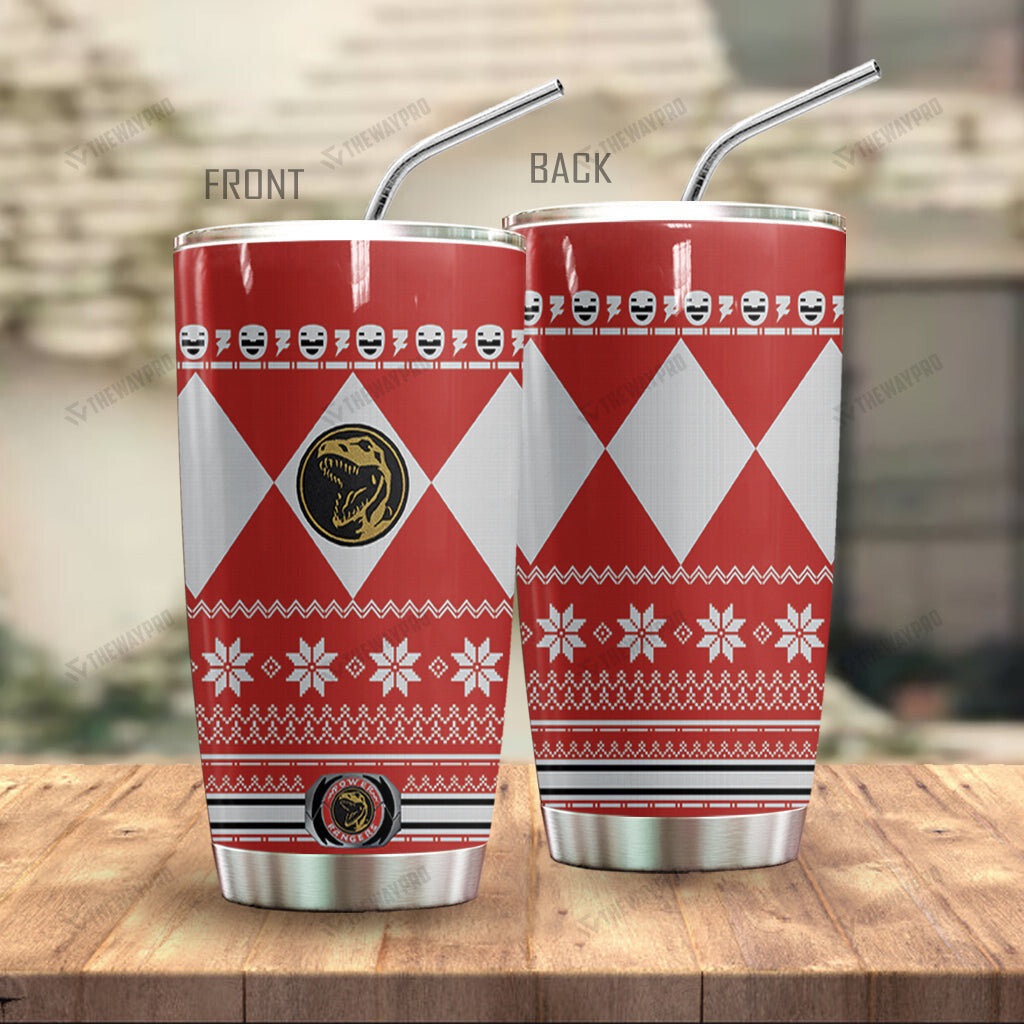 Red Mighty Morphin Power Ranger Ugly Christmas Custom Tumbler