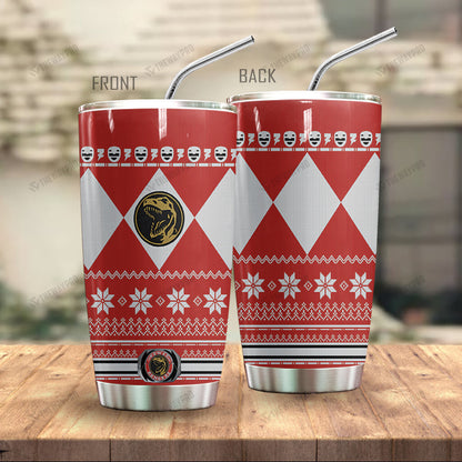 Red Mighty Morphin Power Ranger Ugly Christmas Custom Tumbler