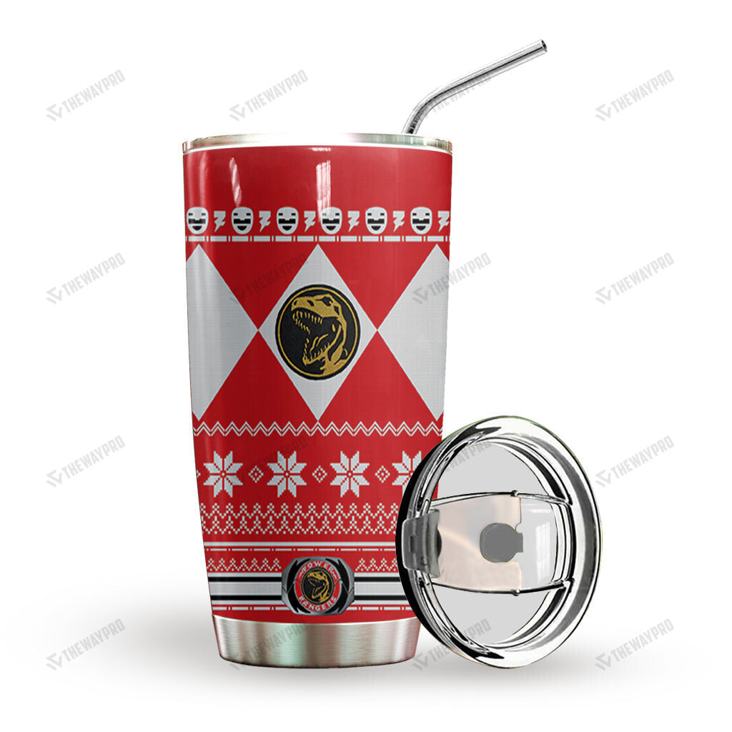 Red Mighty Morphin Power Ranger Ugly Christmas Custom Tumbler