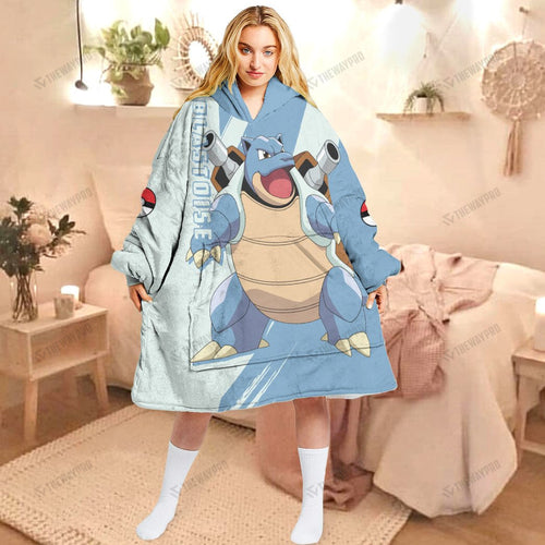 Anime Pkm Blastoise Custom Fleece Blanket Hoodie Adult / Free Size