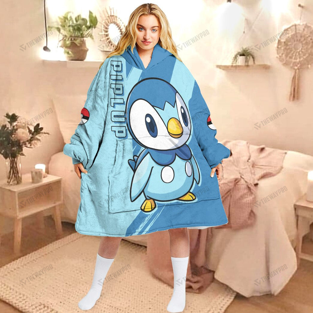 Anime Pkm Piplup Custom Fleece Blanket Hoodie Adult / Free Size