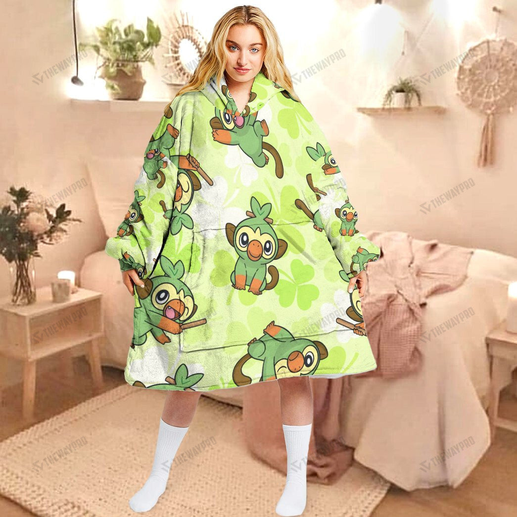 Anime Pkm Grookey Custom Fleece Blanket Hoodie Adult / Free Size