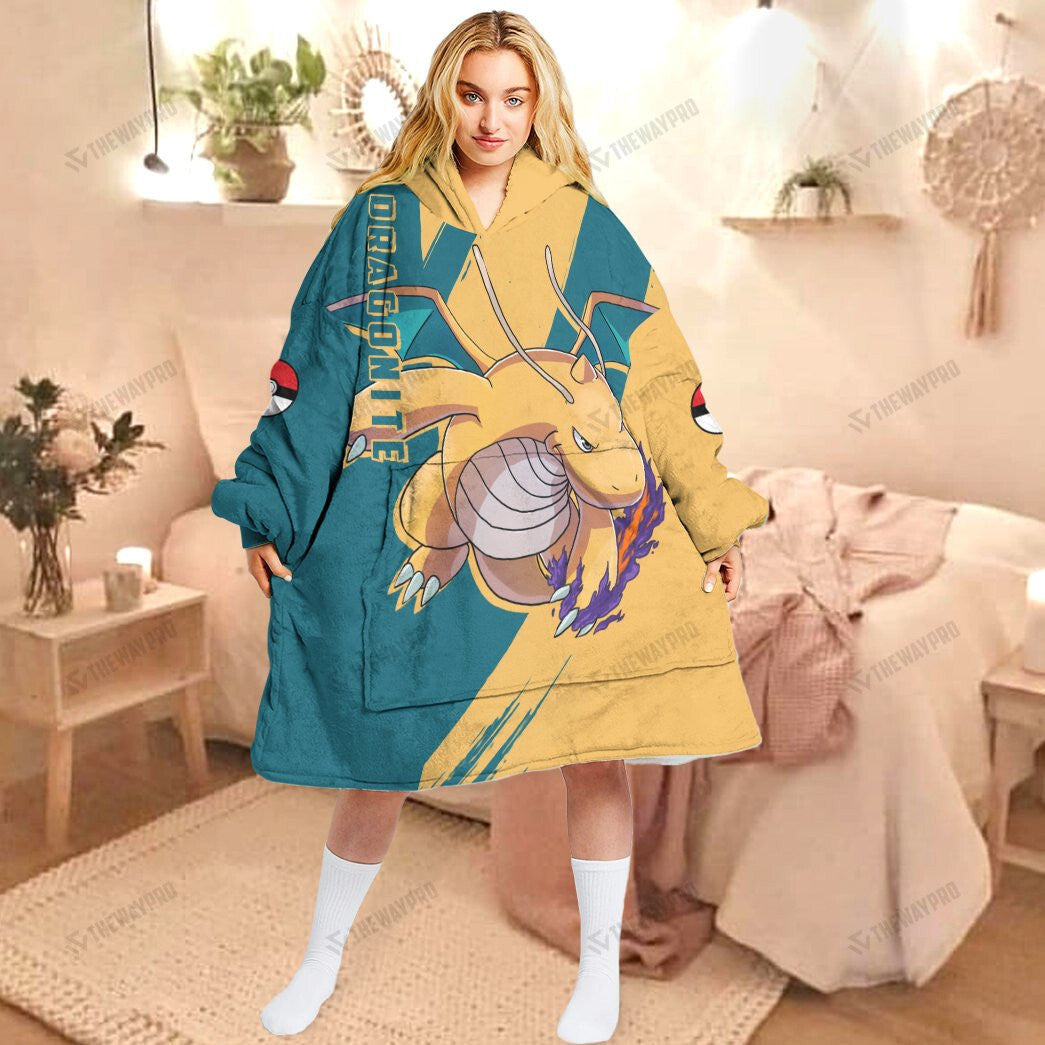 Anime Pkm Dragonite Custom Fleece Blanket Hoodie Adult / Free Size