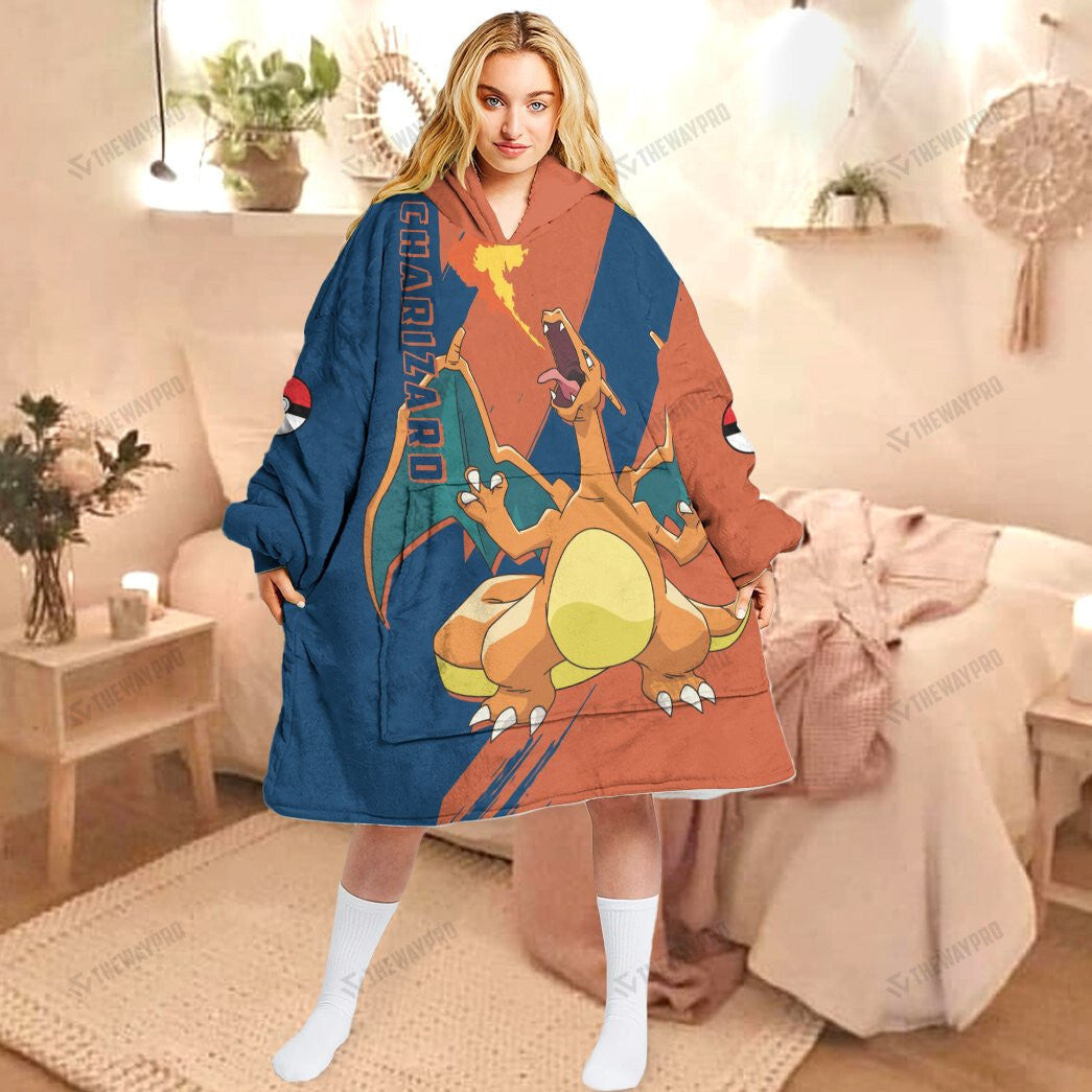Anime Pkm Charizard Custom Fleece Blanket Hoodie Adult / Free Size