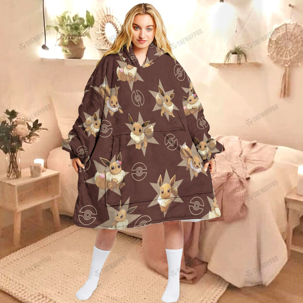Anime Pkm Eevee Custom Fleece Blanket Hoodie Adult / Free Size