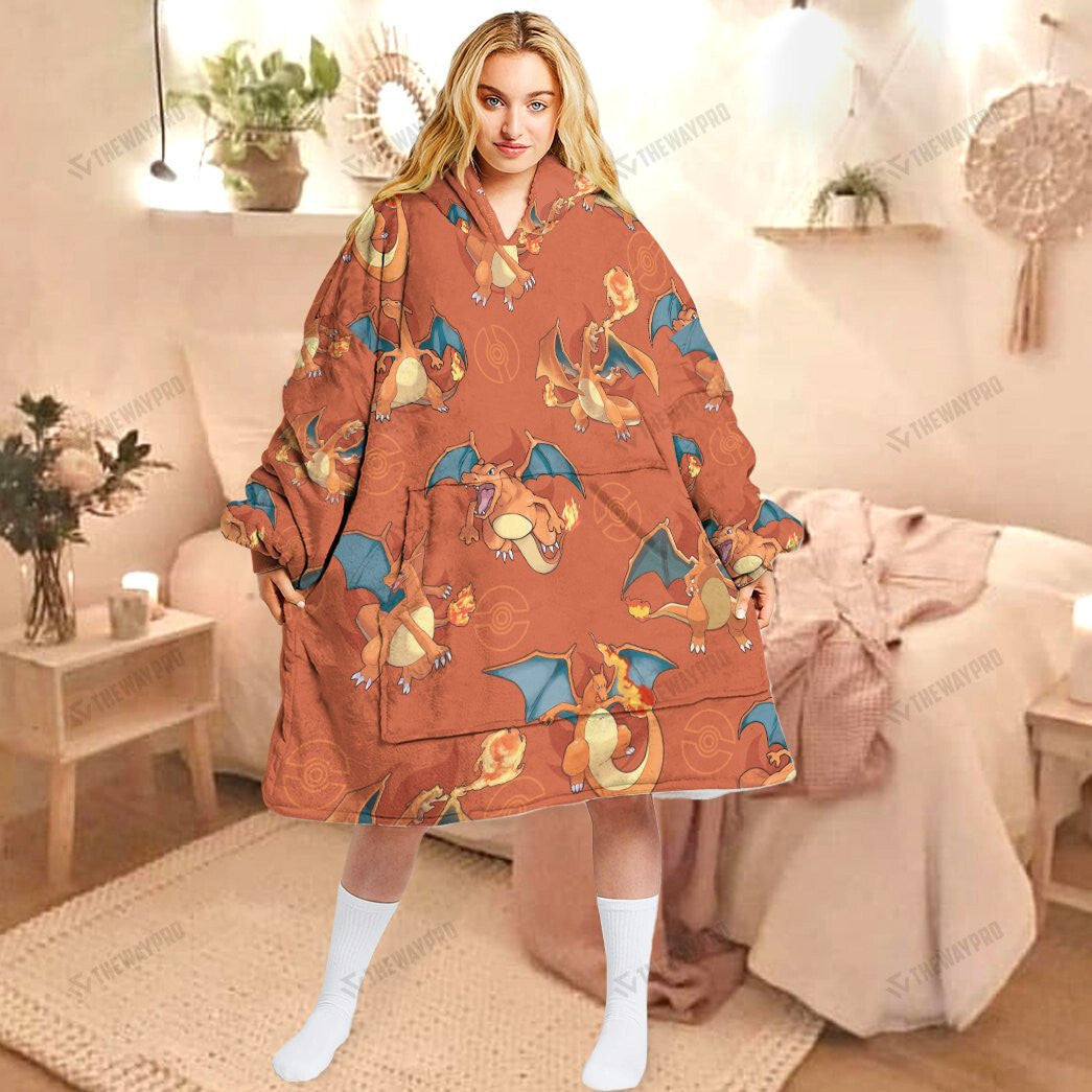 Anime Pkm Charizard Custom Fleece Blanket Hoodie Adult / Free Size