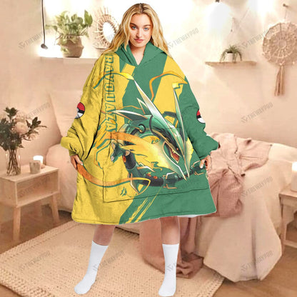 Anime Pkm Rayquaza Custom Fleece Blanket Hoodie Adult / Free Size