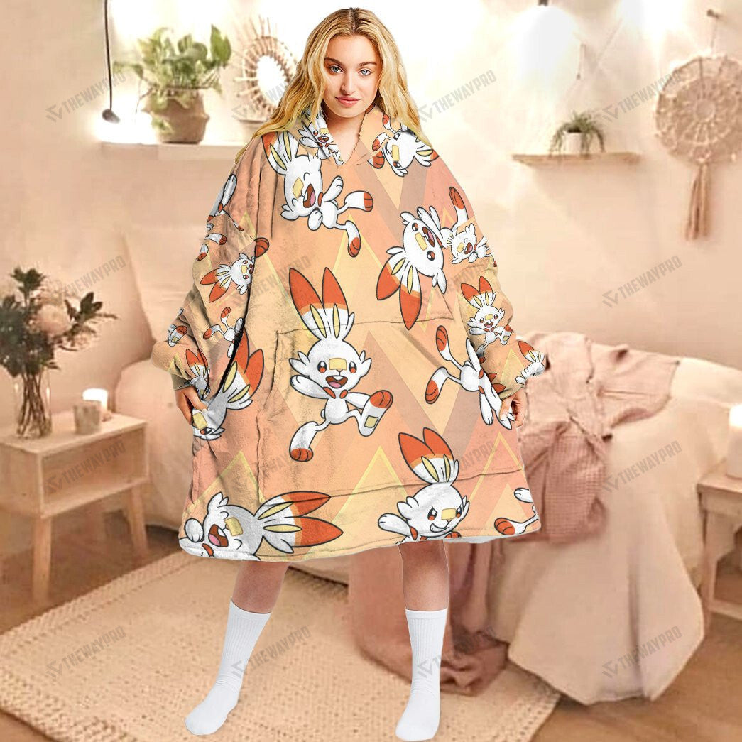 Anime Pkm Scorbunny Custom Fleece Blanket Hoodie Adult / Free Size