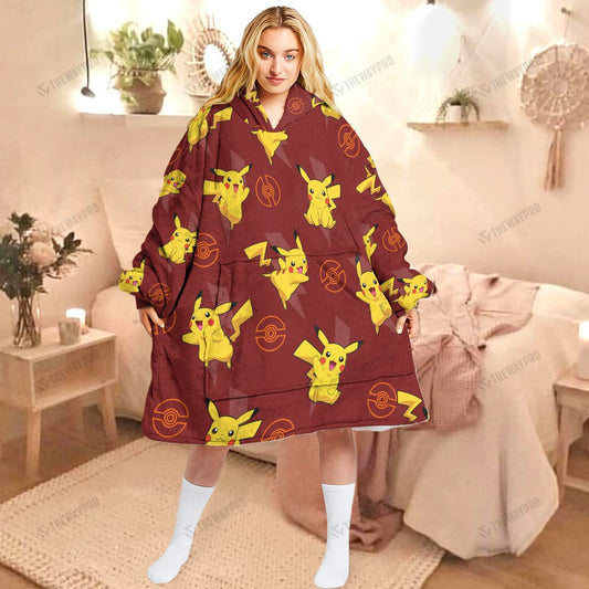 Anime Pkm Pikachu Custom Fleece Blanket Hoodie Adult / Free Size