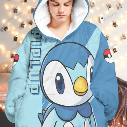 Anime Pkm Piplup Custom Fleece Blanket Hoodie