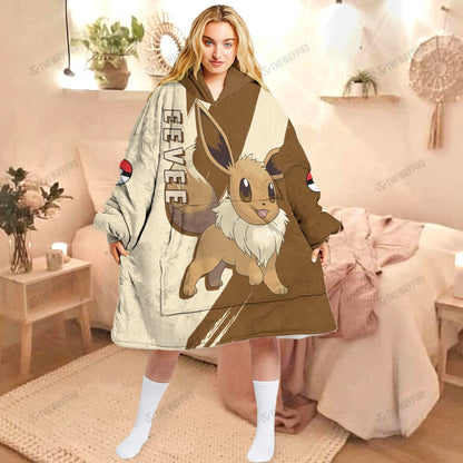 Anime Pkm Eevee Custom Fleece Blanket Hoodie Adult / Free Size